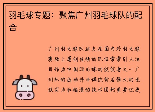 羽毛球专题：聚焦广州羽毛球队的配合